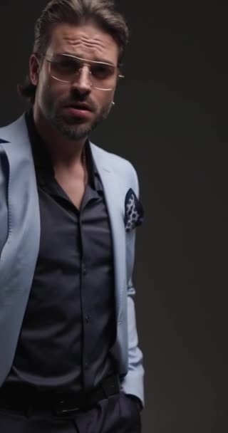 Stylish Elegant Businessman Glasses Holding Hand Pocket Touching Chin Thinking — Stock Video