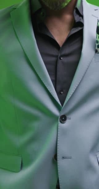 Close Video Elegant Man Open Collar Shirt Holding Hands Pocket — Stock Video