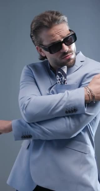 Sexy Young Businessman Sunglasses Folding Arms Looking Side Posing Confident — Stock Video