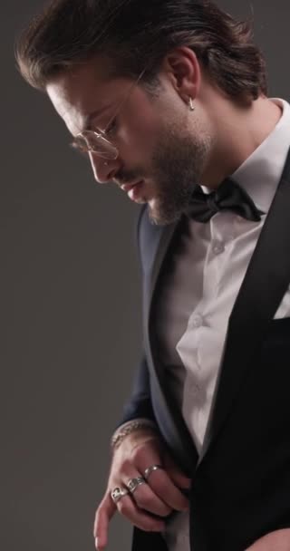 Side View Video Elegant Fashion Man Arranging Tuxedo Touching Hands — Stock Video