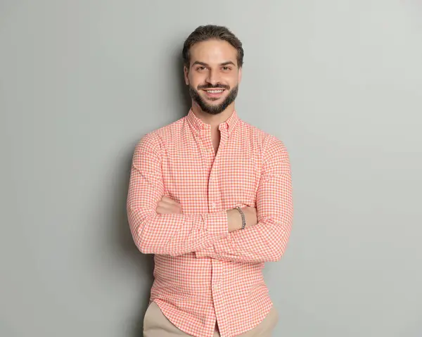 Portrait Proud Young Man Plaid Shirt Crossing Arms Being Happy — Stock Photo, Image