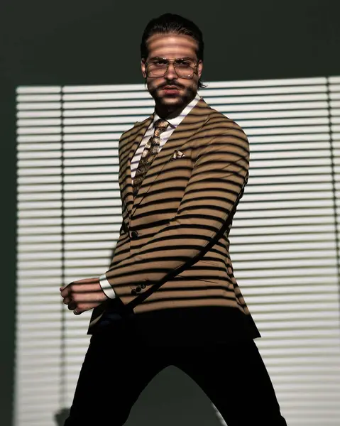 Gözlüklü Kahverengi Takım Elbiseli Seksi Sakallı Adam Kravat Mendille Uyumlu — Stok fotoğraf