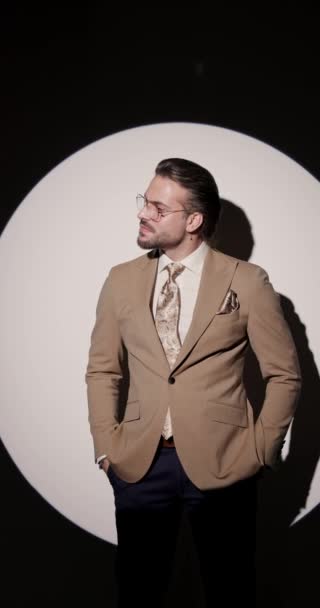 Sexy High Class Elegant Man Glasses Holding Hands Pockets Looking — стоковое видео