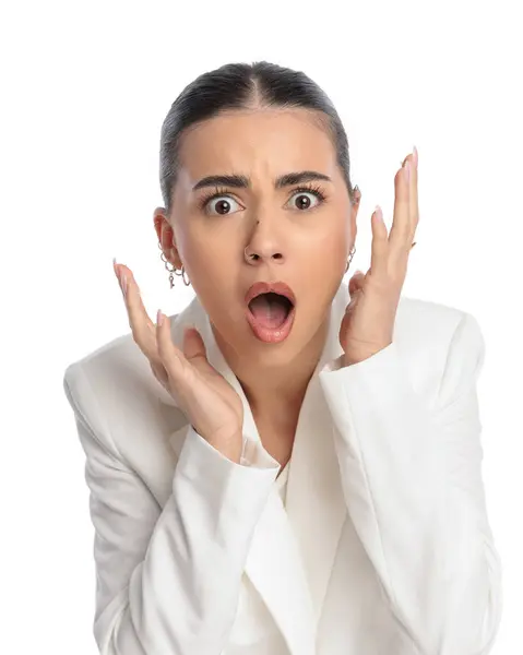 Astounded Young Woman Opening Mouth Holding Hands Being Shocked News — Stock Photo, Image