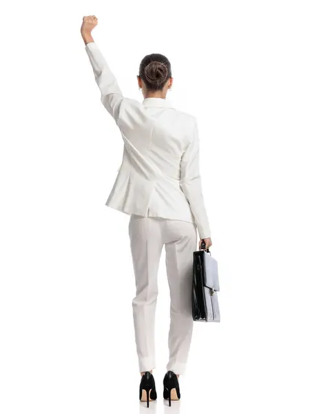 Rear View Elegant Young Woman White Suit Suitcase Holding Fist — Stock Photo, Image