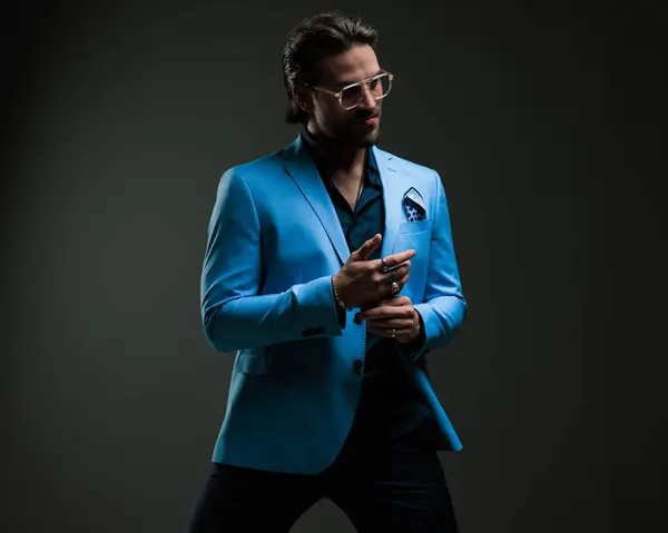 Handsome Elegant Man Blue Suit Glasses Touching Hands Looking Side — Stock Photo, Image