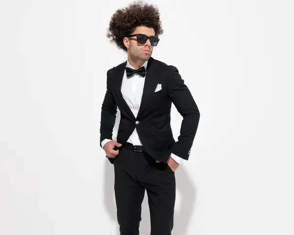 Elegant Young Groom Black Tuxedo Sunglasses Holding Hands Pockets Looking — Stock Photo, Image