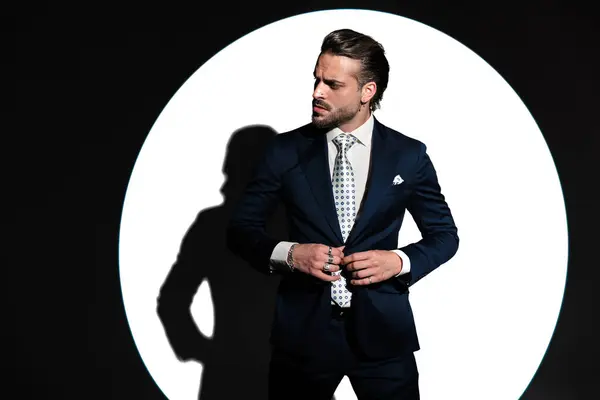 Sexy Bearded Man Navy Blue Suit Looking Side Buttoning Navy — Stock Photo, Image
