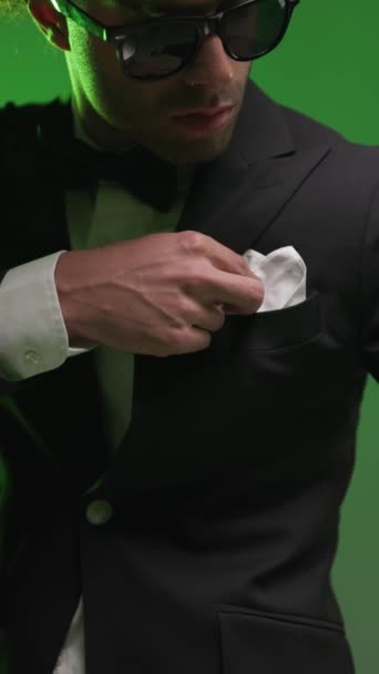 Attractive Elegant Young Groom Sunglasses Adjusting Handkerchief Making Silence Gesture — Stock Video