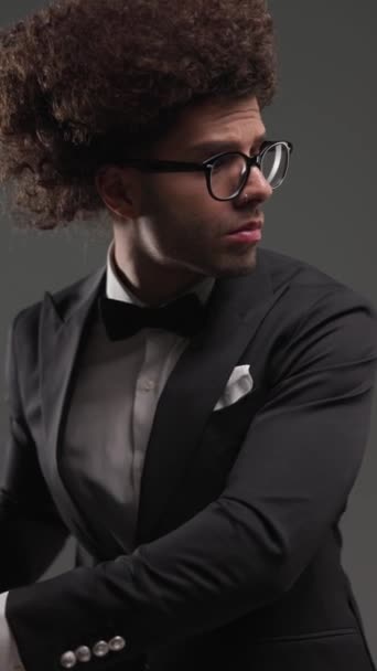 Elegant Young Man Eyeglasses Looking Side Rubbing Palms Adjusting Black — Stock Video