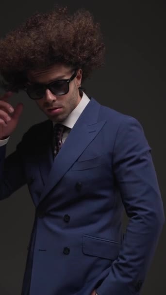 Cool Fashion Businessman Holding Hand Pocket Arranging Sunglasses Looking Being — Stock Video