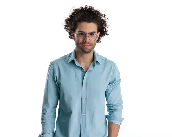 Portrait Attractive Young Man Curly Hair Wearing Glasses Smiling White — Stock Photo, Image