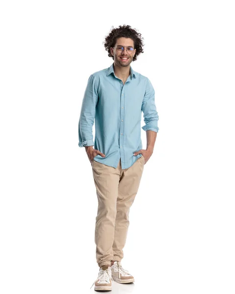 Relaxed Casual Man Wearing Blue Shirt Glasses Holding Hands Pockets — Stock Photo, Image