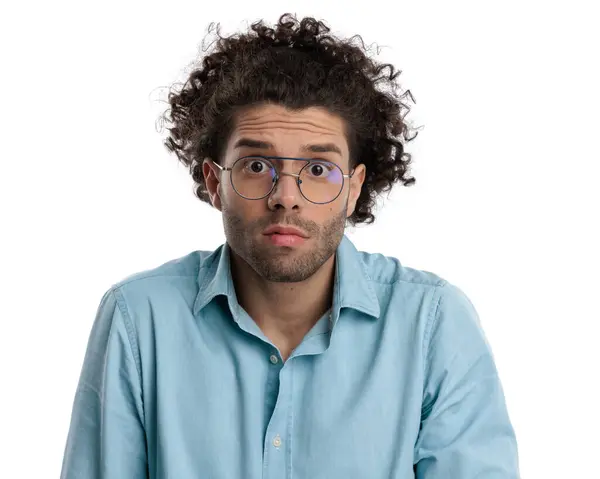 Portrait Unhappy Casual Man Glasses Long Curly Hair Isolated Background — Stock Photo, Image