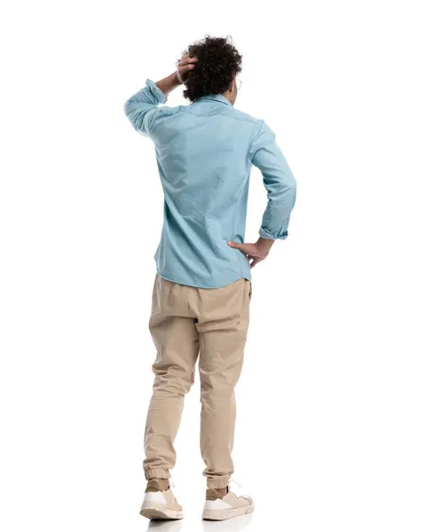 Rear View Confused Young Man Holding His Head Hips While — Stock Photo, Image