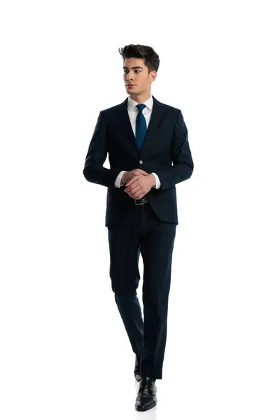 Confident Elegant Businessman Suit Looking Side Walking Front White Background — Stock Photo, Image