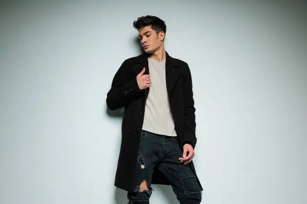 Portrait Attractive Fashion Man Looking Side While Fixing Black Coat — Stock Photo, Image