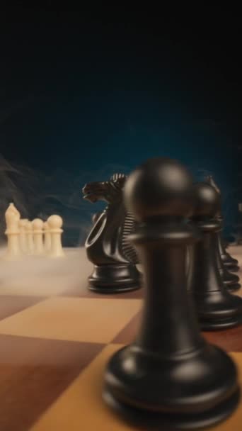 Chytrá Strategie Pro Šachovou Partii Bitevní Pole Ilustrované Šachovnicí Kouřem — Stock video