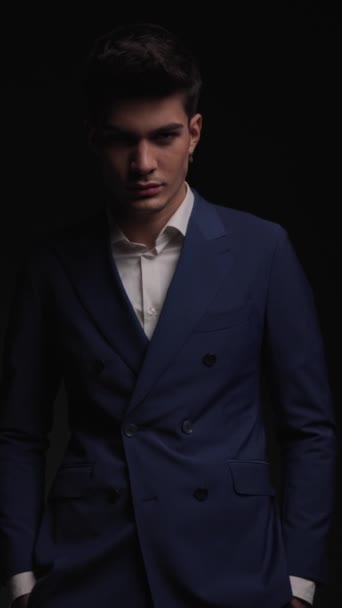 Mysterious Sexy Man Blue Suit Holding Hands Pockets Being Cool — Stock Video