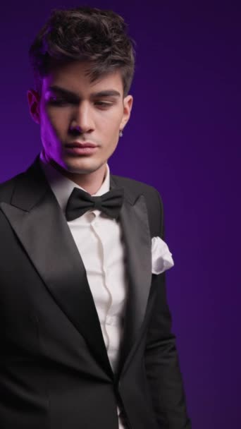 Attractive Young Groom Posing Adjusting Black Tuxedo Looking Side Holding — Stock Video