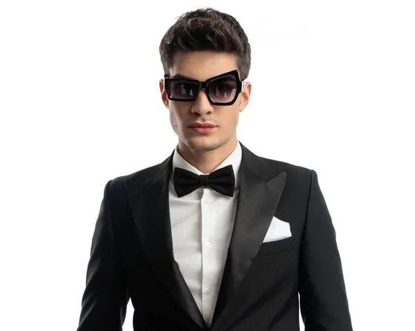 Elegant Young Man Cool Sunglasses Posing Front White Background Studio — Stock Photo, Image