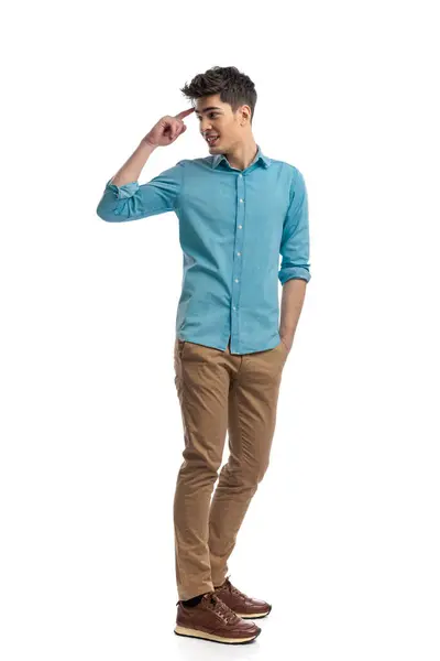 Side View Relaxed Casual Man Wearing Blue Shirt Saluting While — Stock Photo, Image