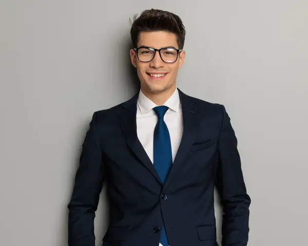 Portrait Smiling Businessman Wearing Black Suit Glasses While Standing Arms — Stock Photo, Image