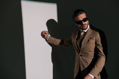 Güneş gözlüklü seksi sakallı adamın portresi duvara değiyor ve gri arka planda havalı bir şekilde taraf arıyor.