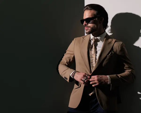 Selbstbewusster Eleganter Mann Mit Sonnenbrille Braunem Anzug Und Blick Zur Stockbild