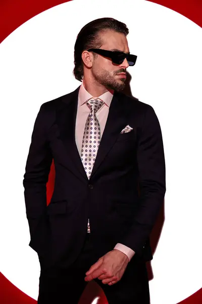 セクシーな若い男は側面を見ているサングラスとスーツを着て ポケットに手を保持し スポットライトで白い背景の前にポーズ ロイヤリティフリーのストック写真