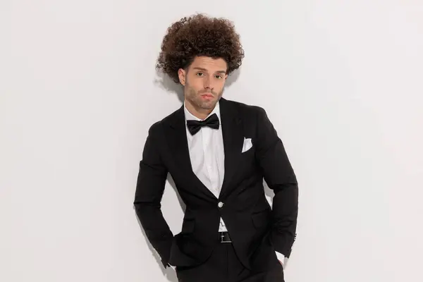 Portrait Confident Young Groom Black Tuxedo Curly Hair Holding Hands — Stock Photo, Image