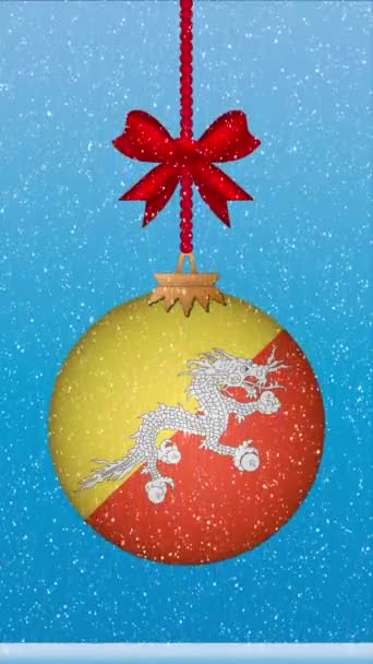 Snow Falling Christmas Ball Flag Bhutan — Stock Video