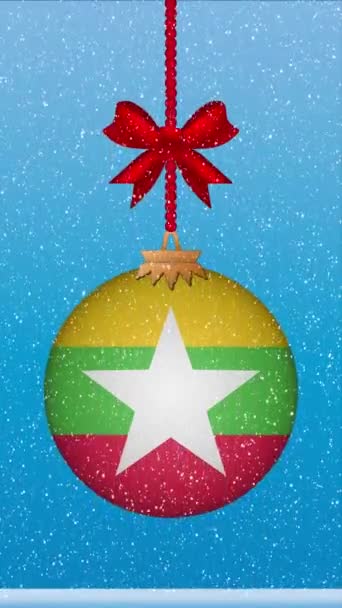 Χιόνι Πέφτει Χριστουγεννιάτικη Μπάλα Σημαία Της Βιρμανίας — Αρχείο Βίντεο