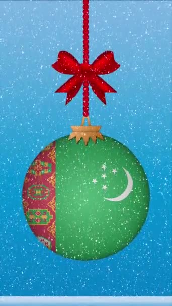 Snow Falling Christmas Ball Flag Turkmenistan — Stock Video