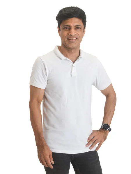 Homem Indiano Inteligente Meia Idade Forma Uma Camiseta Branca Tiro Imagem De Stock