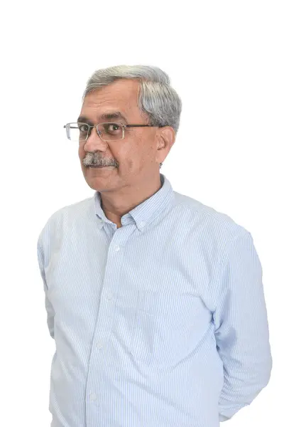Usmívající Starší Indický Podnikatel Nebo Manažer Šedými Vlasy Světle Modré Stock Obrázky