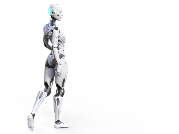 3D rendering of an android robot woman posing with her back against the camera. White background with copy space.