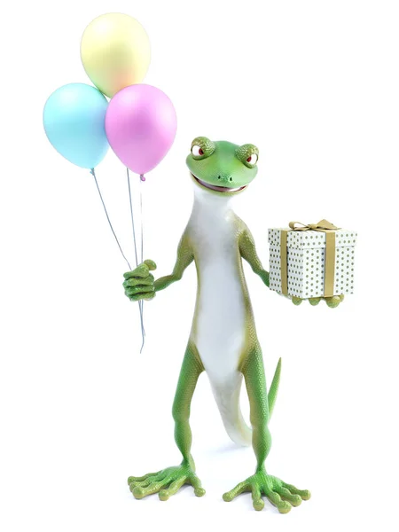 3D渲染一只凉爽的绿壁虎或蜥蜴站起来 一只手拿着三个气球 另一只手拿着一个包裹着的礼物 白人背景 — 图库照片