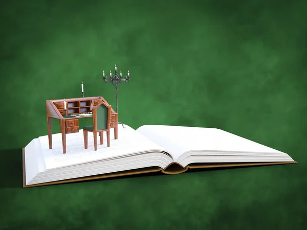 Återgivning Öppen Bok Med Miniatyrstol Skrivbord Ljus Och Skrivmaterial Bok — Stockfoto