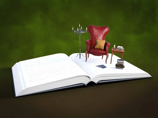 ミニチュアアームチェア テーブル キャンドル 本を備えたオープンブックの3Dレンダリング ストーリータイム ストーリーテリングのコンセプト — ストック写真
