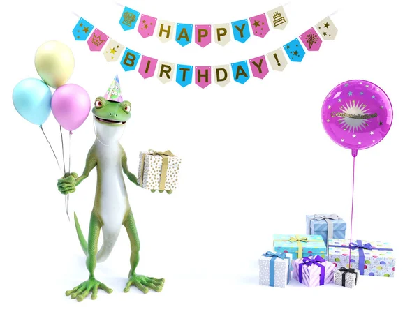 3D渲染一只很酷的绿壁虎或蜥蜴 一只手拿着三个气球 另一只手拿着一个包裹着的礼物 庆祝一个快乐的生日派对 带有复制空间 礼物和庆祝横幅的白色背景 — 图库照片
