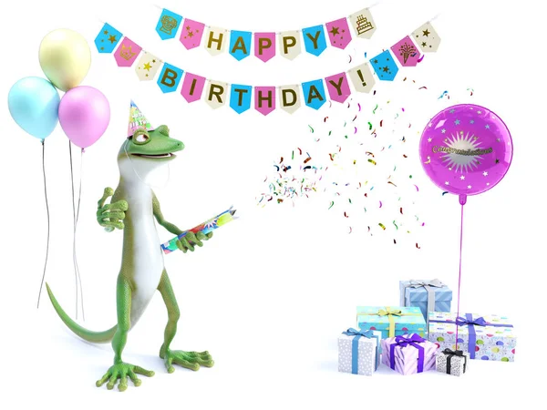 3D渲染了一个很酷的绿壁虎或蜥蜴向聚会上的菜鸟或圆饼炮射击 并庆祝一个快乐的生日派对 带有气球 礼物和庆祝横幅的白色背景 — 图库照片