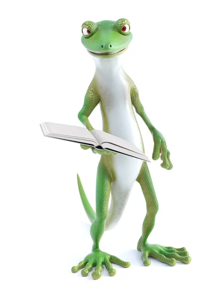 3D渲染一只凉爽的绿壁虎或蜥蜴站起来 手里拿着一本打开的书 现在是讲故事的时间 白人背景 — 图库照片