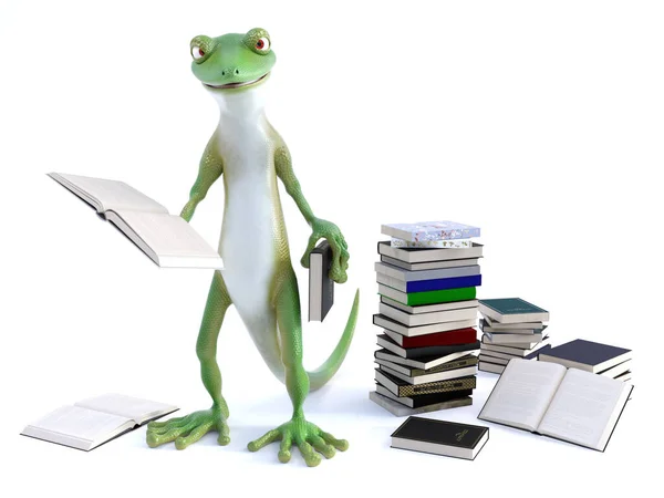 Rendering Cool Green Gecko Lizard Standing Holding Open Book Its — Stock Photo, Image