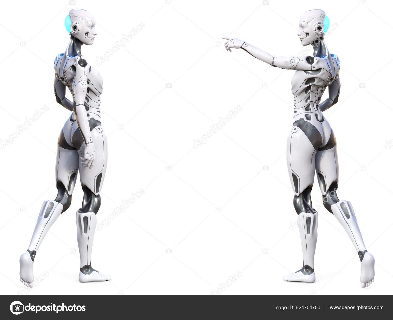 Rendering Two Android Robot Woman Posing Backs Camera Facing Each