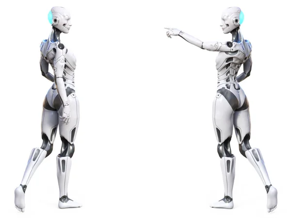 Rendering Two Android Robot Woman Posing Backs Camera Facing Each — Stock Photo, Image