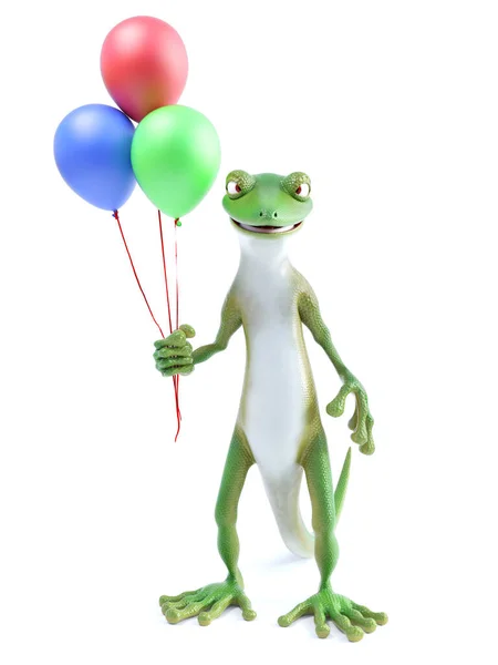Rendu Gecko Vert Frais Lézard Debout Tenant Trois Ballons Dans — Photo
