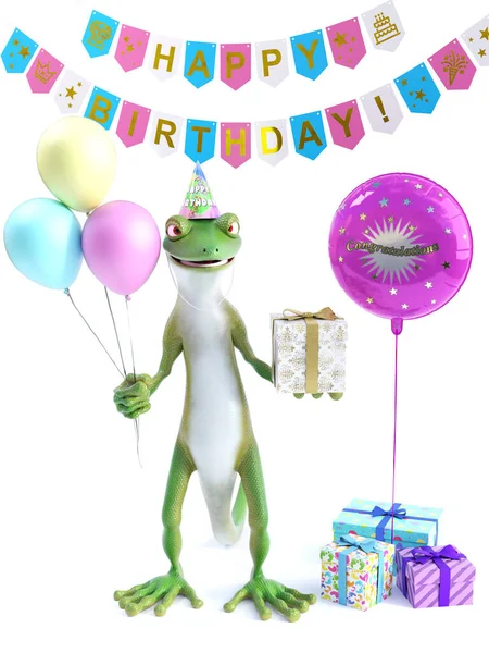 3D渲染一只很酷的绿壁虎或蜥蜴 一只手拿着三个气球 另一只手拿着一个包裹着的礼物 庆祝一个快乐的生日派对 带有礼物和庆祝横幅的白色背景 — 图库照片
