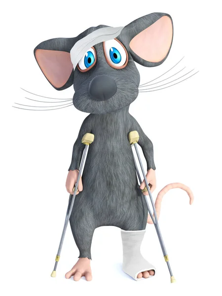 Vykreslení Zraněné Kreslené Myši Obvazem Hlavy Zlomenou Nohou Nohou Berlích — Stock fotografie