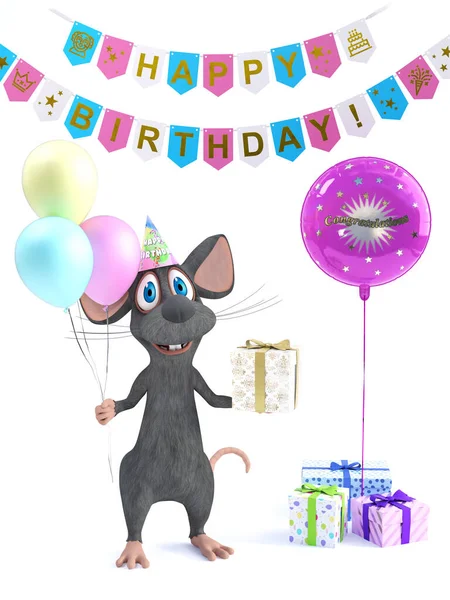 3D渲染一只可爱的笑着卡通鼠标 一只手拿着三个气球 另一只手拿着一个包裹着的礼物 庆祝一个快乐的生日派对 带有礼物和庆祝横幅的白色背景 — 图库照片